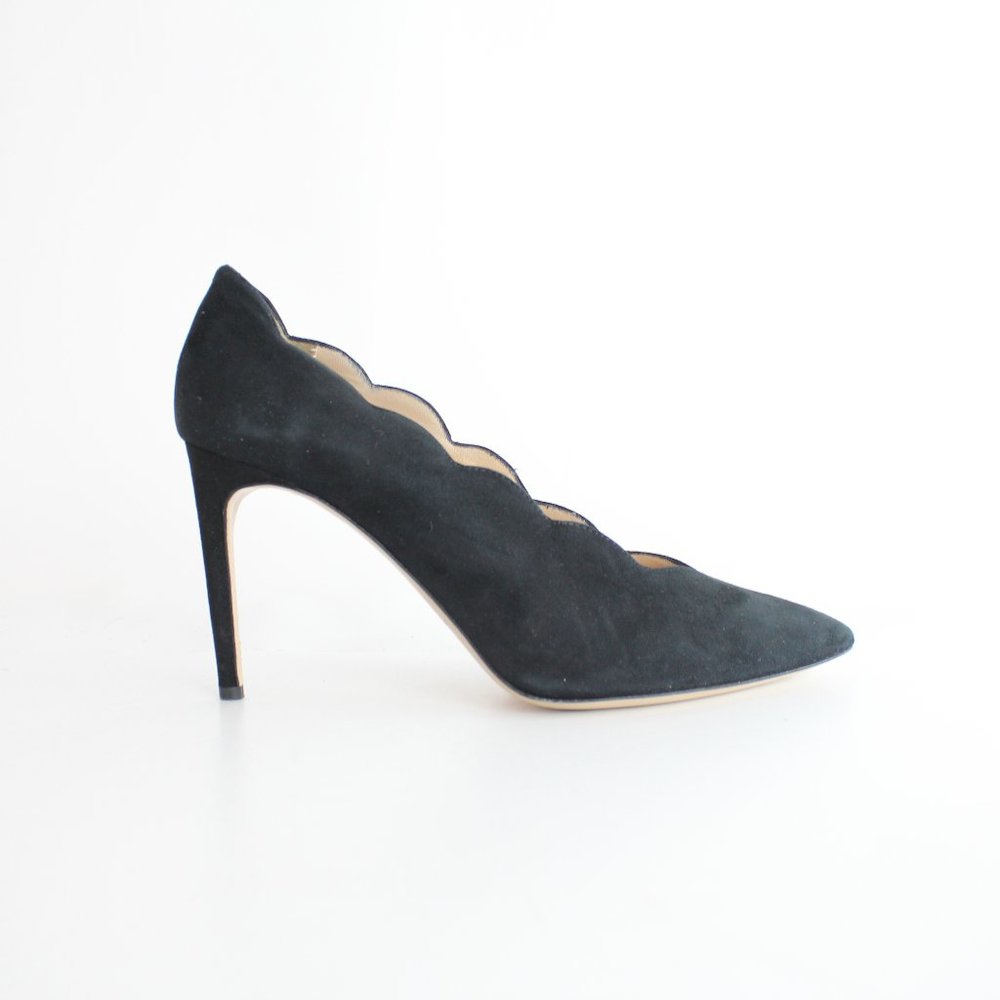 Club Monaco Black Nubuck Leather Scalloped Stiletto High Heel Shoes Pumps 38 7.5